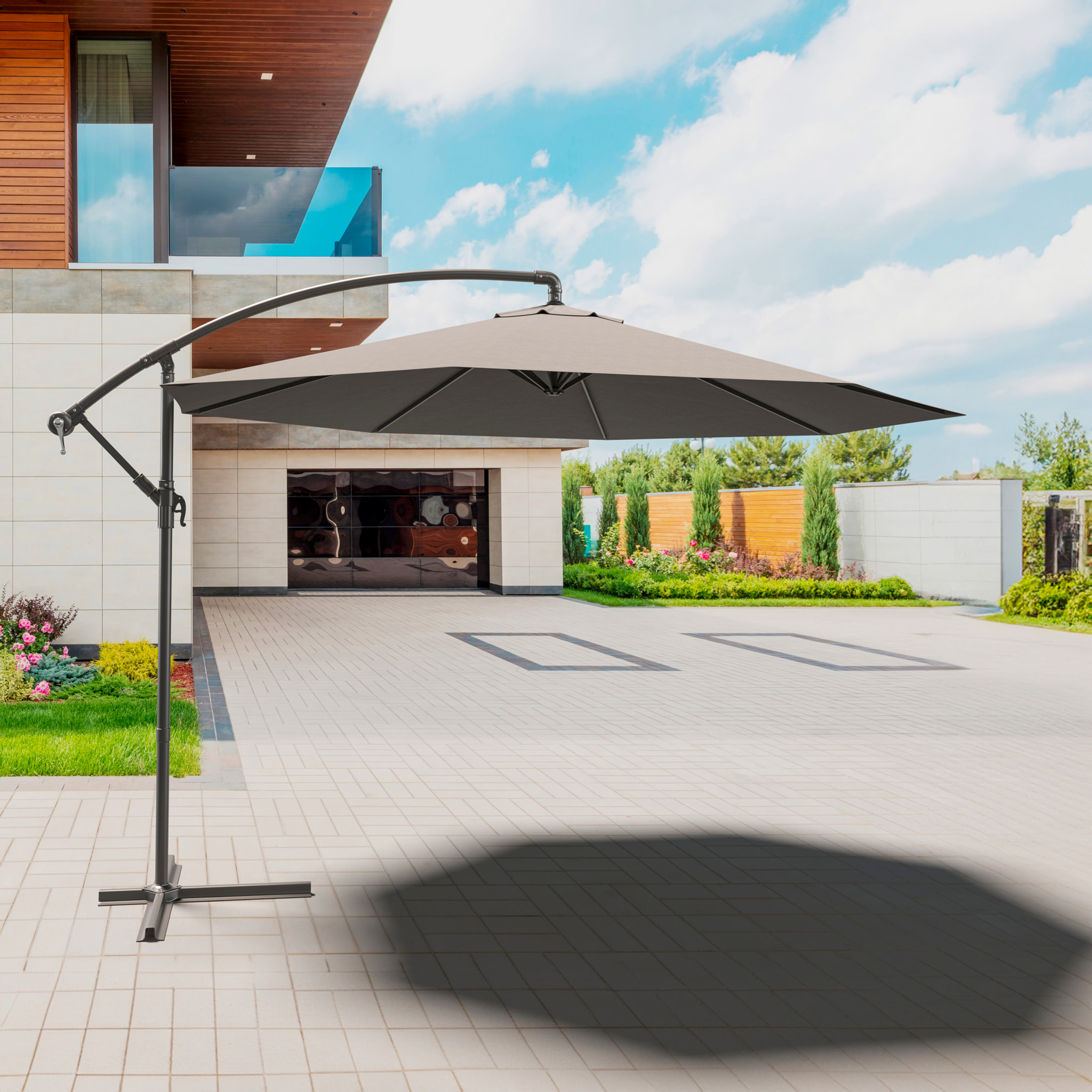 Ombrellone 3x3 M Decentrato Retrattile Braccio Rotabile Chiusura Manovella Giardino Piscina In Acciaio Inossidabile Telo 180 g/m2 Impermeabile Grigio