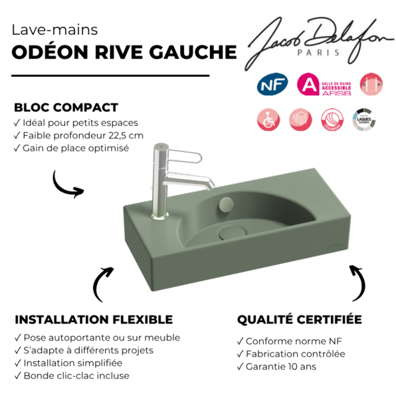 Lave-mains compact 50 cm Odéon Rive Gauche 1 trou de robinetterie à gauche Kaki satiné avec bonde