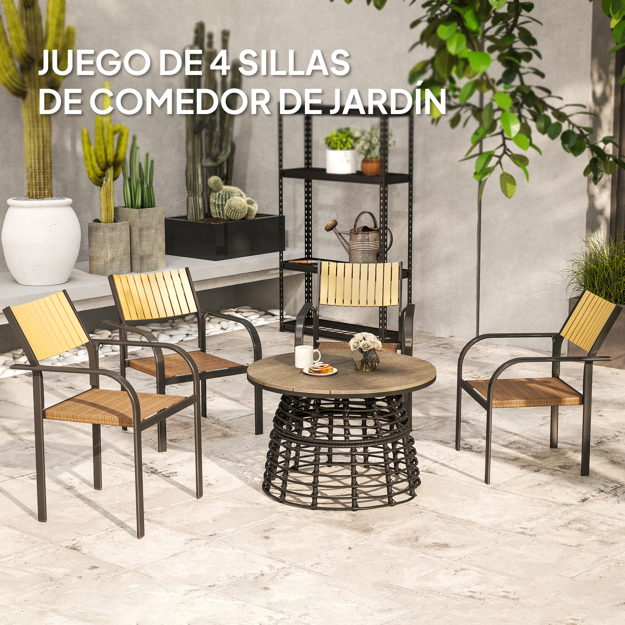 Juego de 4 Sillas de Jardín Exterior Sillas Terraza Exterior Apilables Sillón de Comedor con Tela Transpirable Marco de Acero Reposabrazos y Respaldo 58x65x85 cm Marrón