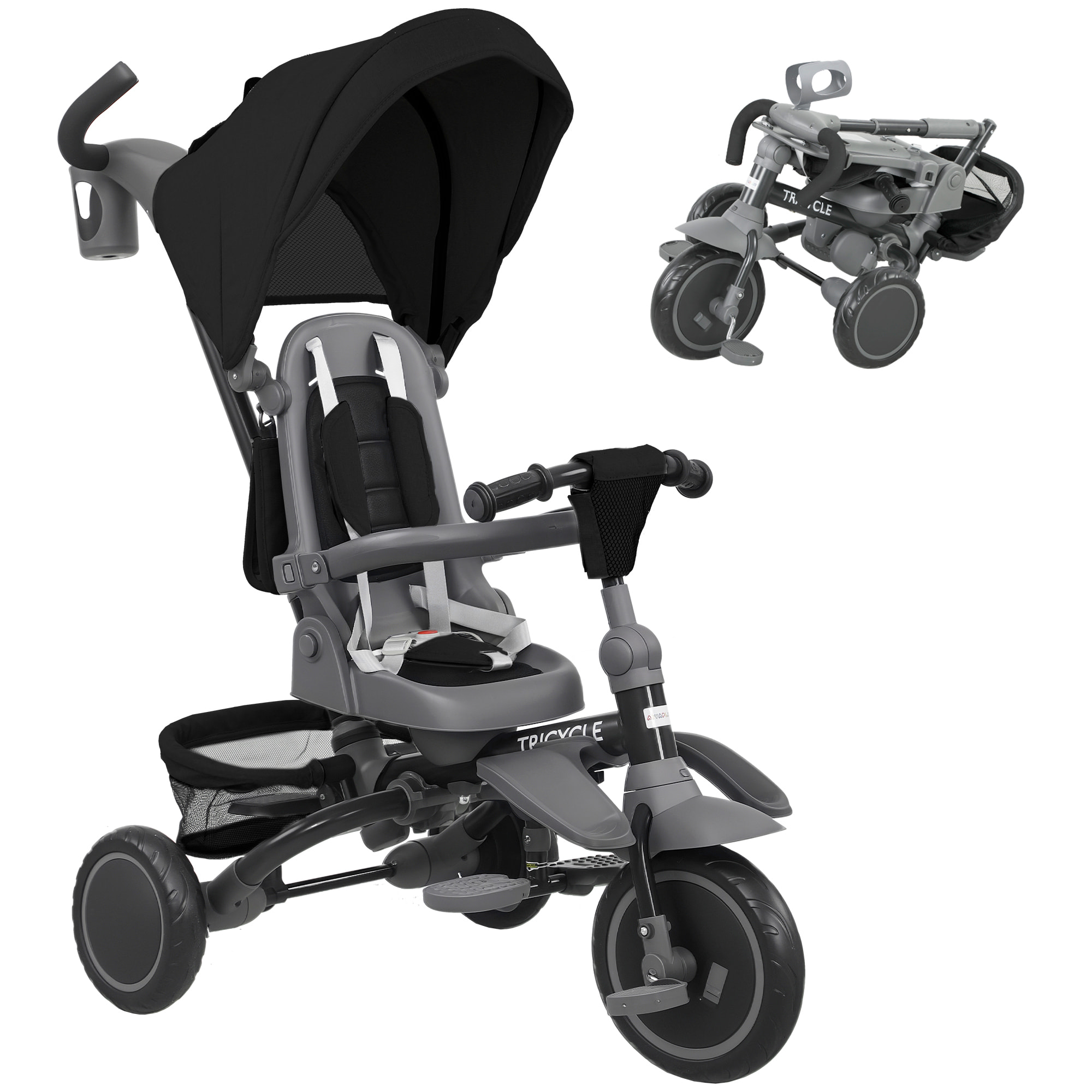 Triciclo Evolutivo 6 en 1, Triciclo para Bebés Plegable, 1-5 Años, Asiento Giratorio de 360°, Mango Parental, Respaldo Reclinable, Toldo, Cinturón de Seguridad, Cesta, Reposapiés, Negro
