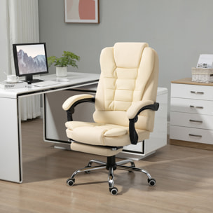 Silla de Oficina Reclinable Silla de Escritorio con Reposapiés Silla Ejecutiva Giratoria con Altura Ajustable Tapizada en PU y Reposabrazos para Estudio Crema
