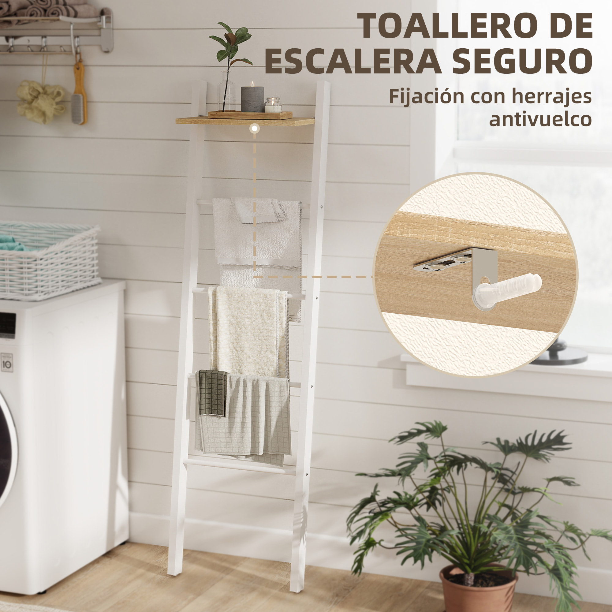 Toallero Escalera con Estante Superior y 4 Barras, Toallero de Baño para Apoyar en Pared, Estantería de Escalera Inclinada, para Dormitorio, Salón, 43x20x151 cm, Blanco y Roble