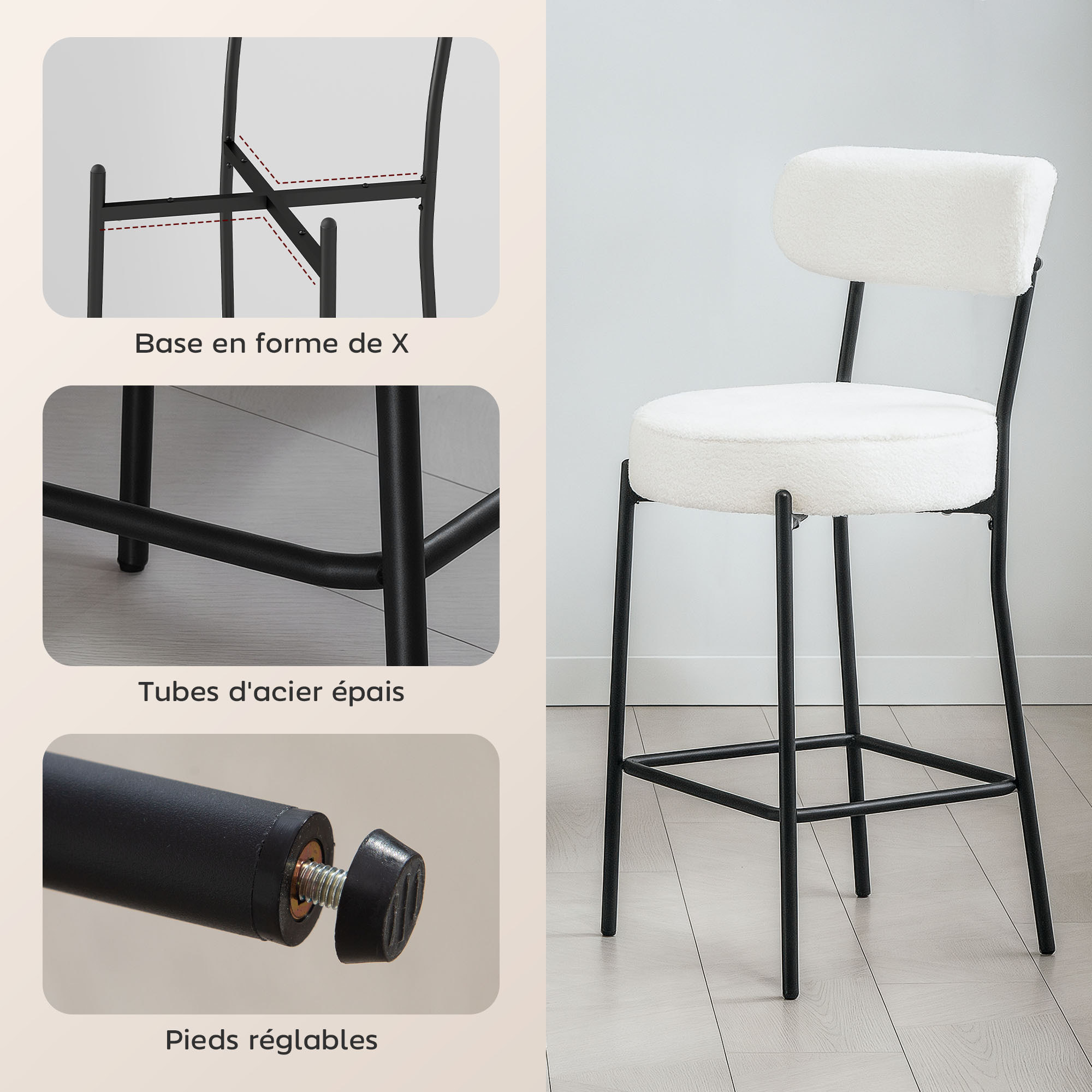 Lot de 2 tabourets de bar en tissu bouclé assise H.68 cm - lot de 2 chaises de bar - acier noir blanc cassé