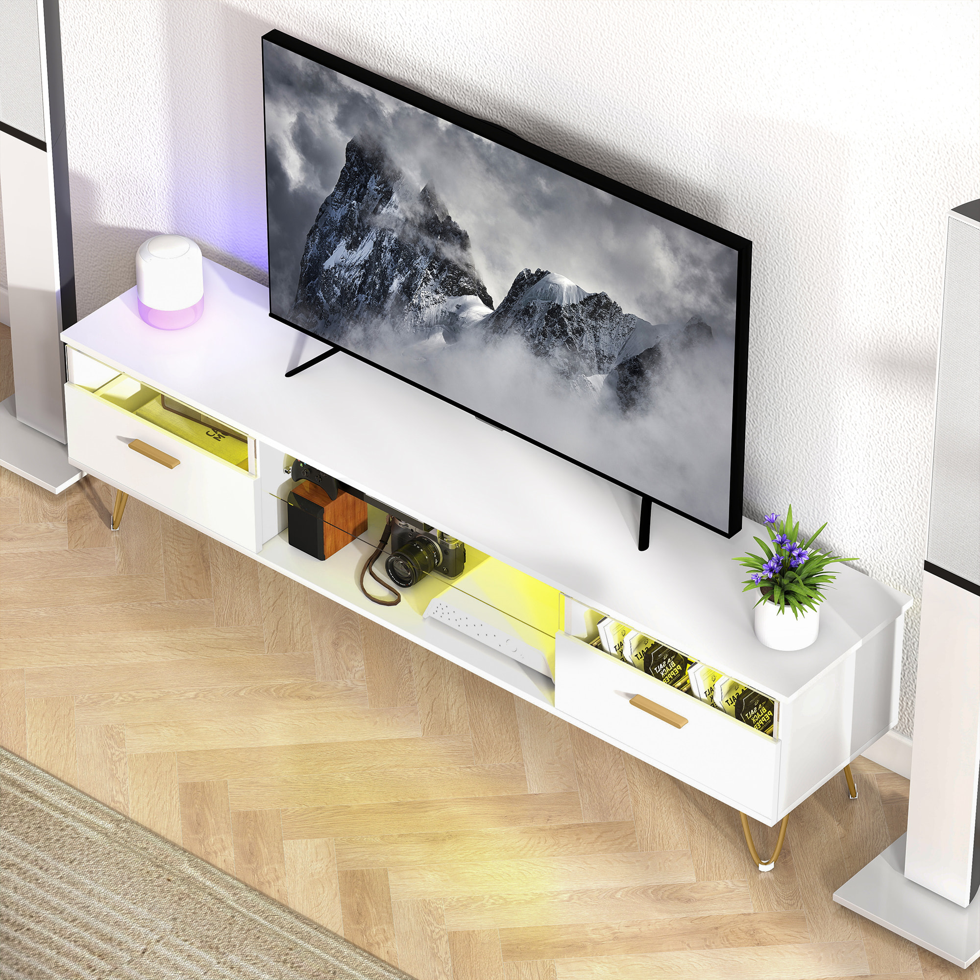 Meuble TV blanc laqué LED design multi-rangement dim. 160x35x42cm