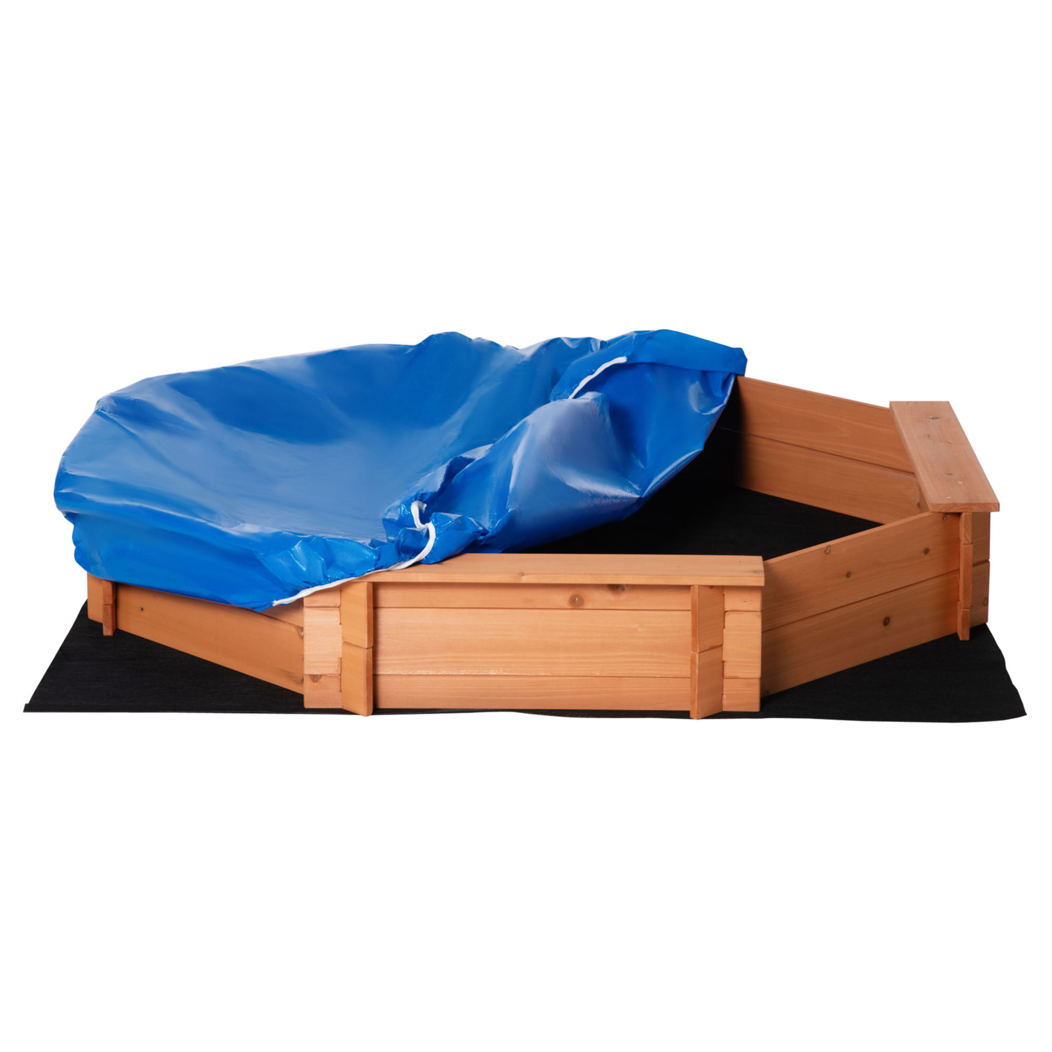 Bac à sable bois octogonal dim. 139,5L x 139,5l x 21,5H cm - 4 bancs - bâche de couverture, non tissé de sol inclus - bois sapin pré-huilé