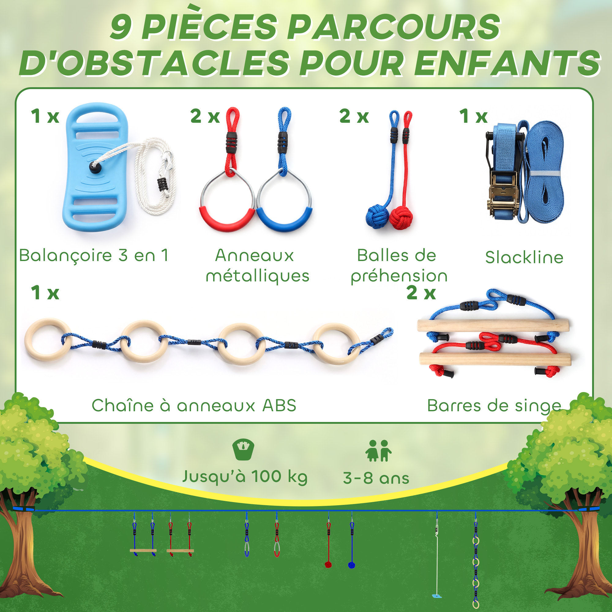 Parcours d'obstacles Ninja enfants 10 M charge 100 kg PP multicolore