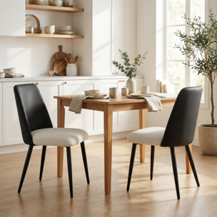 Juego de 2 Sillas de Comedor, Sillas de Cocina con Respaldo de PU de Imitación Ratán, Asiento Acolchado, Patas de Acero, para Salón, Negro y Beige