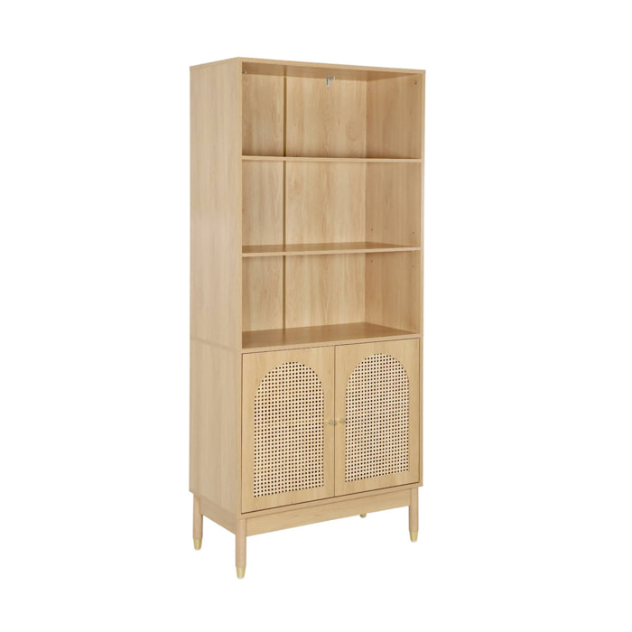 Etagère bibliothèque décor bois et cannage 4 niveaux 2 portes teinte naturelle - 80 x 40 x 178 cm - Judith