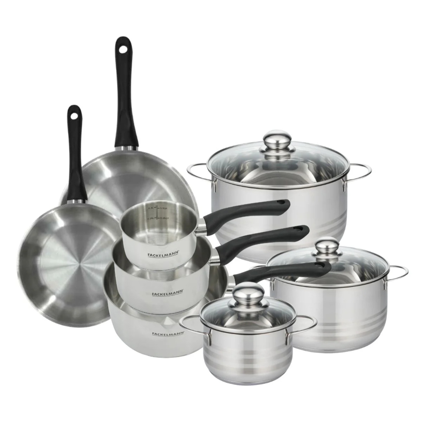 Set de 2 poêles, 3 casseroles 12 16 20 cm et 3 faitouts 16, 20 et 24 cm en inox Fackelmann Geneva