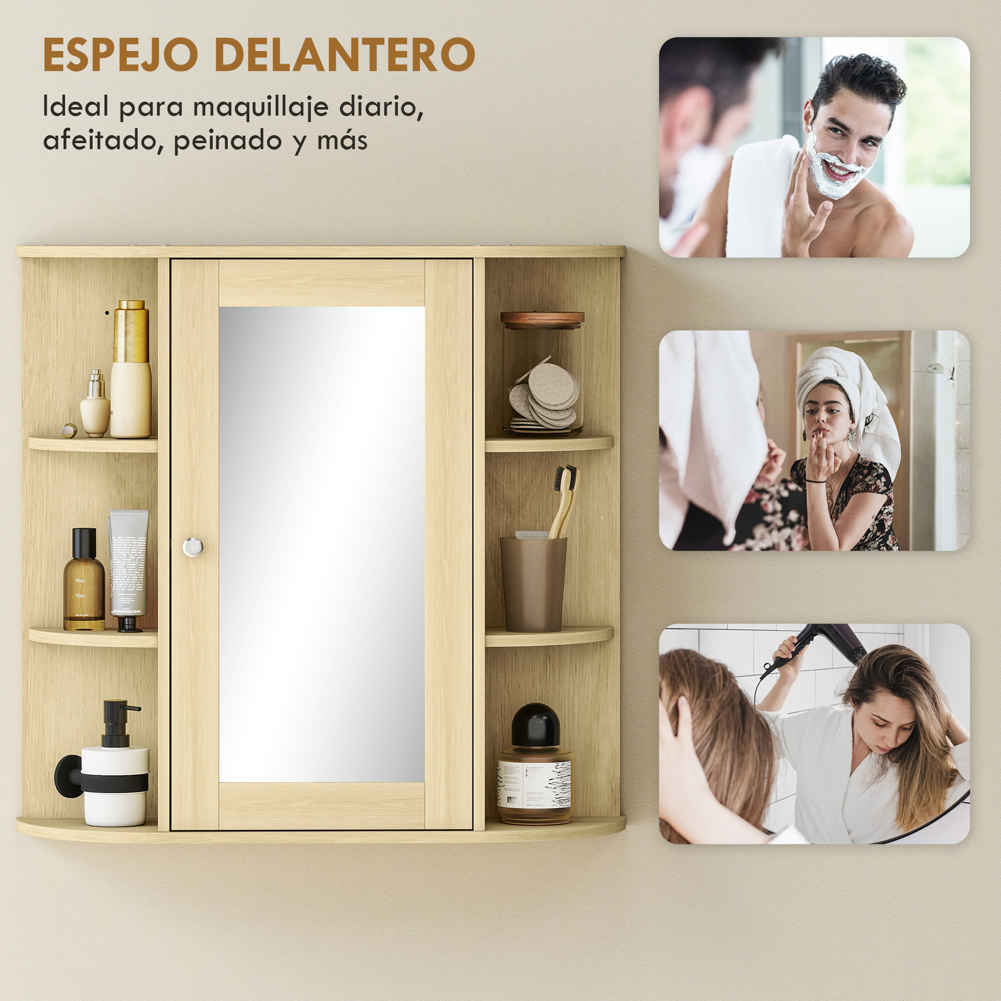 Armario de Baño con Espejo, Armario de Pared con Puerta, Estantes Abiertos, Mueble de Baño Colgar para Cocina, Salón, 66x17x63 cm, Natural