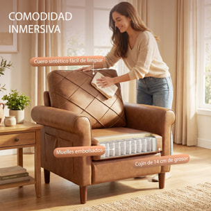 Sillón Relax, Sofá Individual, Tapizado en PU, Cojín Grueso, Respaldo con Costuras, Asiento Amplio, Patas de Madera Maciza para Salón, Dormitorio y Oficina, 82x71x84 cm, Marrón