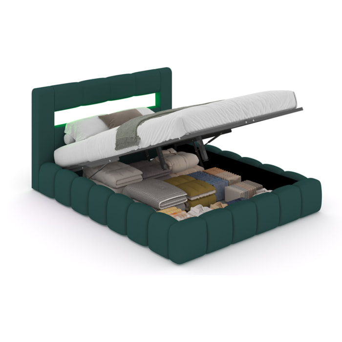 MAKILA Lit nuage coffre LED 160x200cm velours vert avec tête de lit et sommier