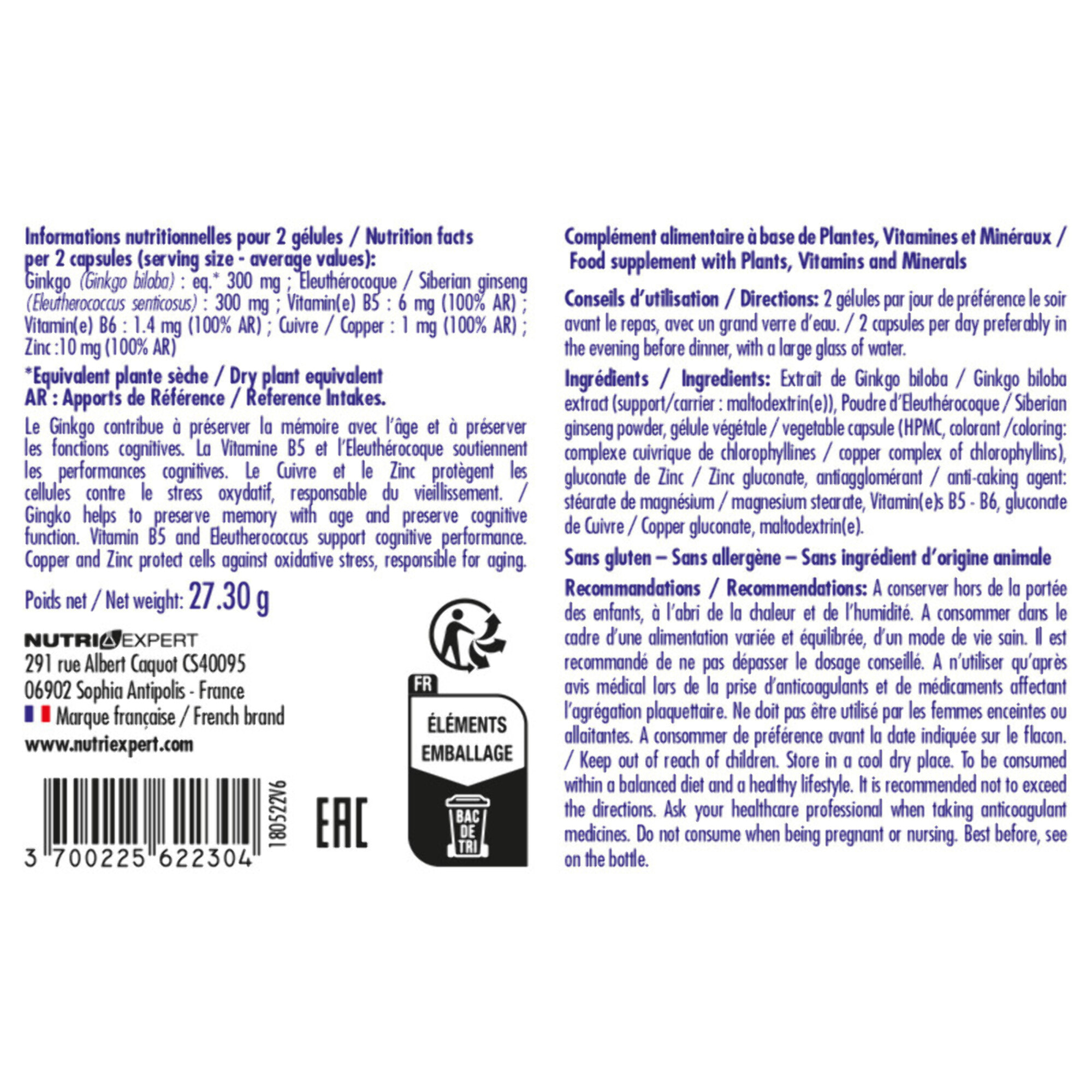 NUTRI EXPERT - Cervotonus - Complément alimentaire à base de Ginkgo, Vitamine B, Cuivre, Zinc - Mémoire & Concentration - Soutien des performances cognitives - Lot de 3 produits