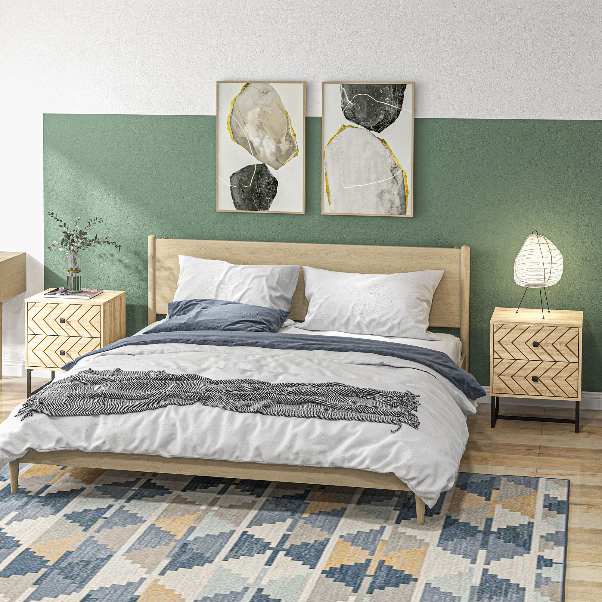 Conjunto de 2 Mesitas de Noche Mesillas de Noche con 2 Cajones y Patas de Metal Estilo Moderno para Dormitorio Salón Oficina 48x39,5x60 cm Natural