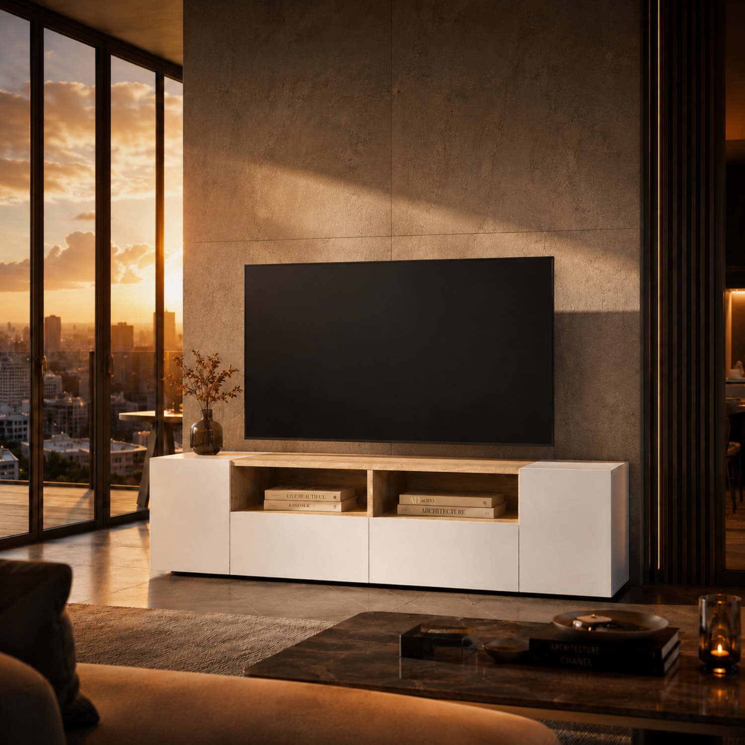 Mobile Porta TV Moderno Con Ante E Vani a Giorno Parete Attrezzata Salvaspazio Per Soggiorno Salotto Cameretta Camera 138x40.2x34 Cm Bianco E Rovere
