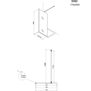 Walk-in Set Paroi de douche 77x200cm fixe en verre transparent Easy Clean + Bras de montage +  Profilé, Chrome (WI80-SET)