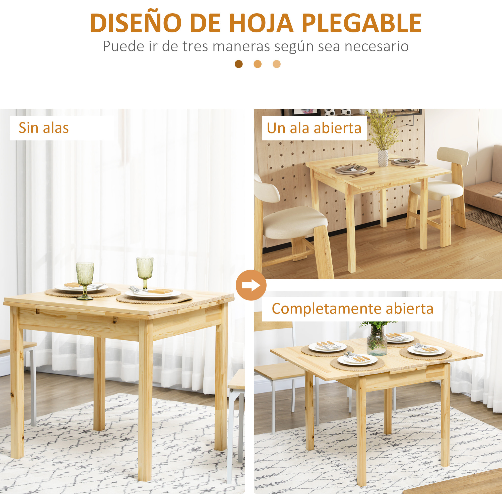 Mesa de Comedor Plegable Mesa de Madera Extensible Mesa de Cocina de Alas Abatibles para 2-4 Personas Carga 50 kg 120x80x75 cm Natural