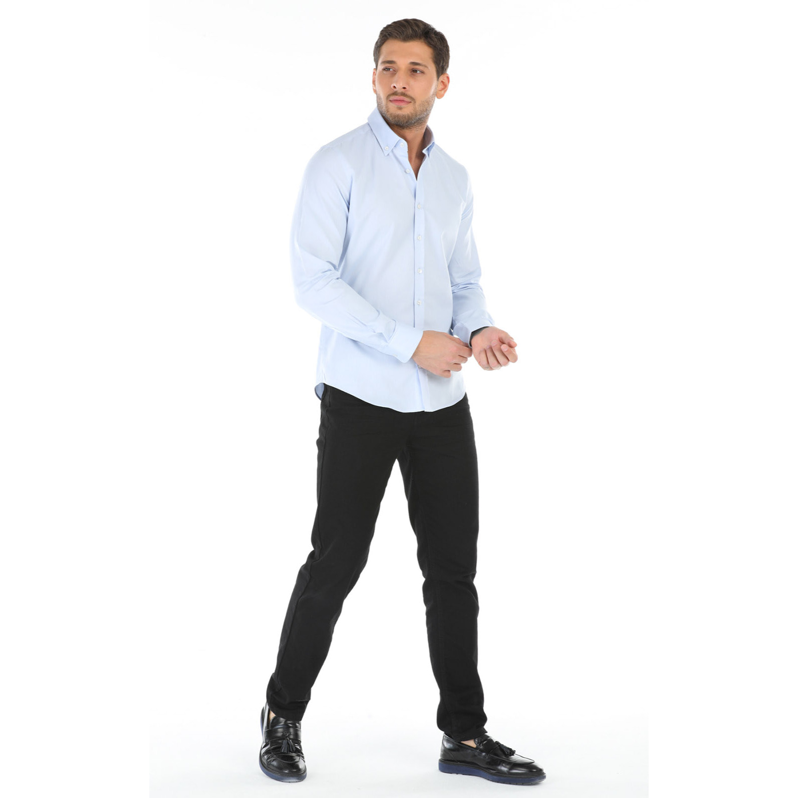Camicia Uomo 1 Bottone Button Down Slim Oxford unito Celeste