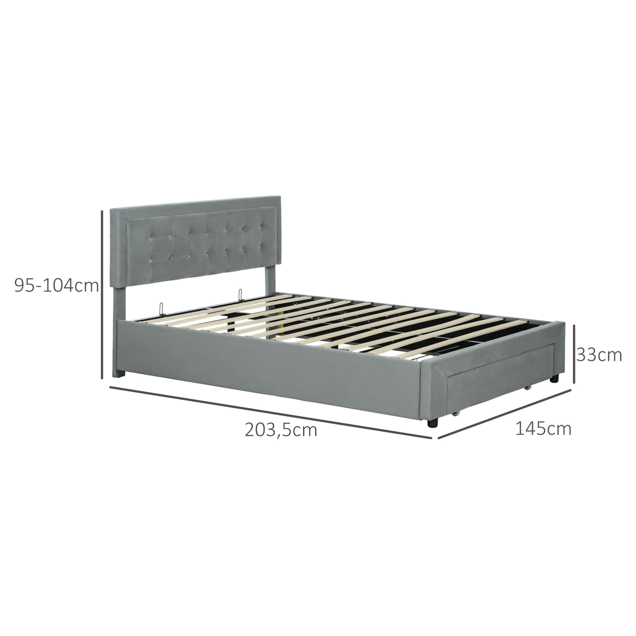Lit double design industriel - tête de lit, pied de lit et sommier - dim. 145l x 203,5P x 95-104H cm - compatible matelas 140 x 200 cm - tissu 100% polyester, rembourrage mousse, bois d'eucalyptus, panneau multicouche