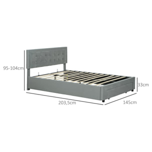 Lit double design industriel - tête de lit, pied de lit et sommier - dim. 145l x 203,5P x 95-104H cm - compatible matelas 140 x 200 cm - tissu 100% polyester, rembourrage mousse, bois d'eucalyptus, panneau multicouche