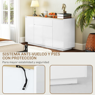 Aparador de 4 Puertas Aparador de Salón con Cajón y Estantes Ajustables para Dormitorio Sala de Estar 140x40x75 cm Natural y Blanco Brillo