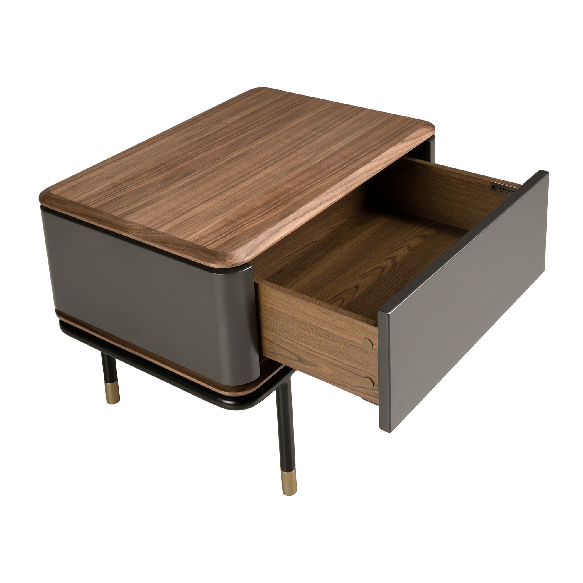 Mesita de noche Angel Cerdá de madera de MDF en gris oscuro en mate y patas de acero inoxidable en negro tapa de madera chapada en nogal 60x45x50cm