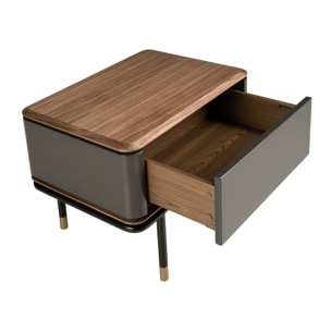 Mesita de noche Angel Cerdá de madera de MDF en gris oscuro en mate y patas de acero inoxidable en negro tapa de madera chapada en nogal 60x45x50cm