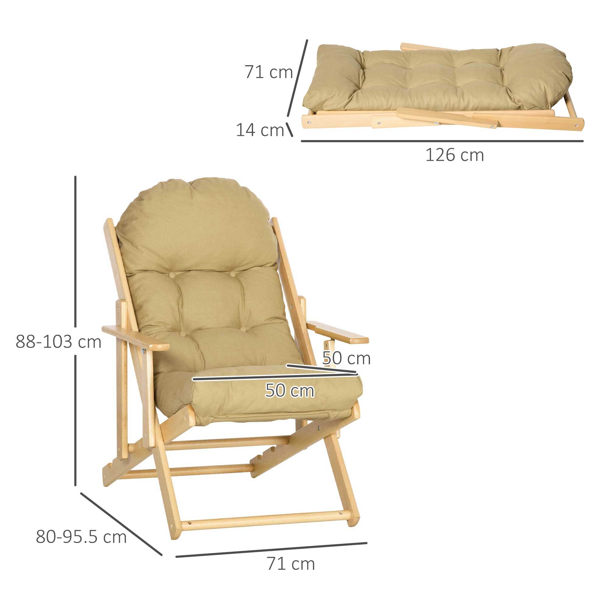 Fauteuil chaise pliable et inclinable en bois grand confort avec coussin capitonné épais - dim. 71I x 89P x 96H cm - beige