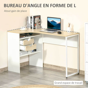 Bureau d'angle bureau informatique multimédia multi-rangement métal panneaux particules aspect chêne clair blanc