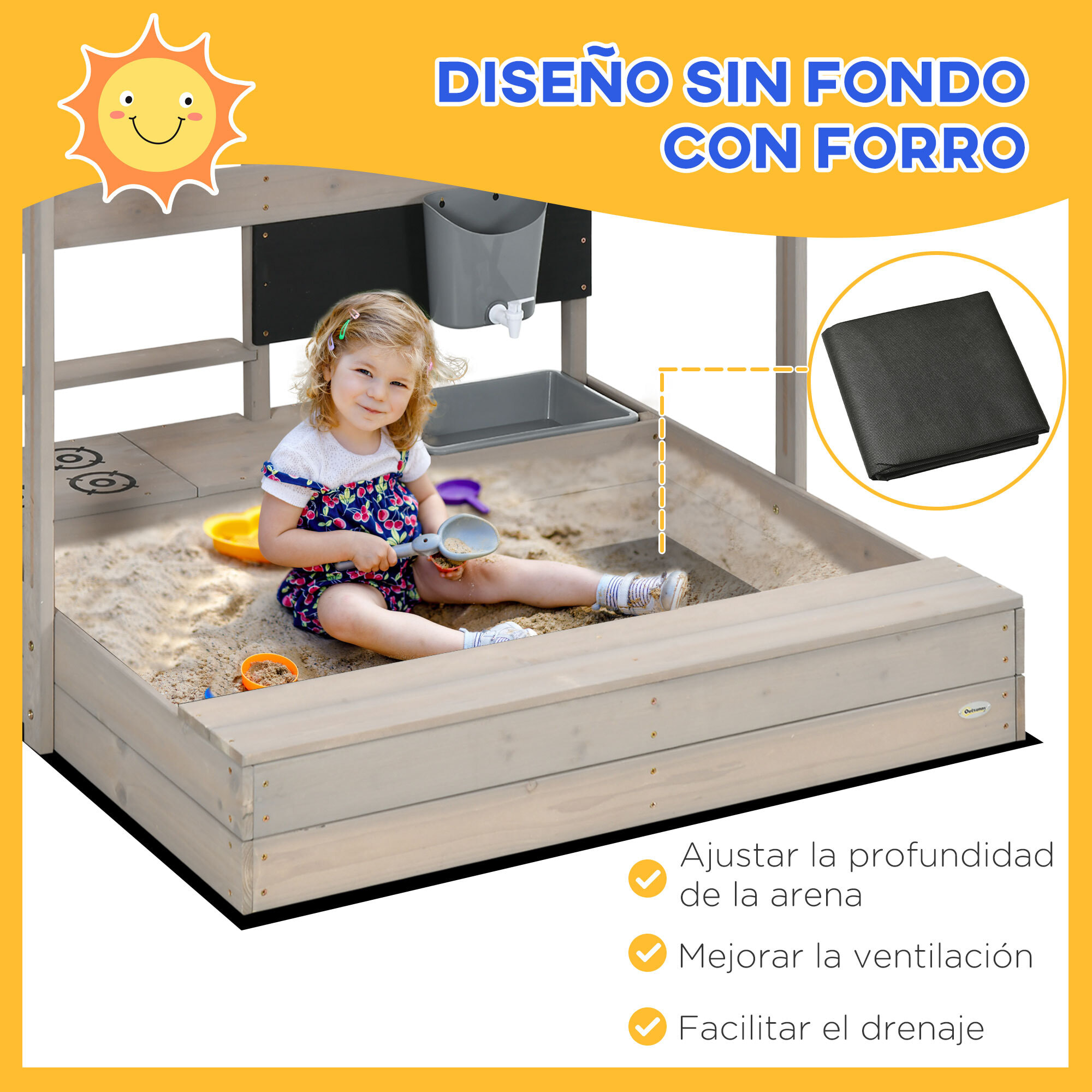 Arenero de Madera para Niños con Techo Regulable Arenero Infantil con Juguetes de Cocina y Banco Juego para Niños de 3-7 Años para Patio Jardín 114x110x110 cm Gris