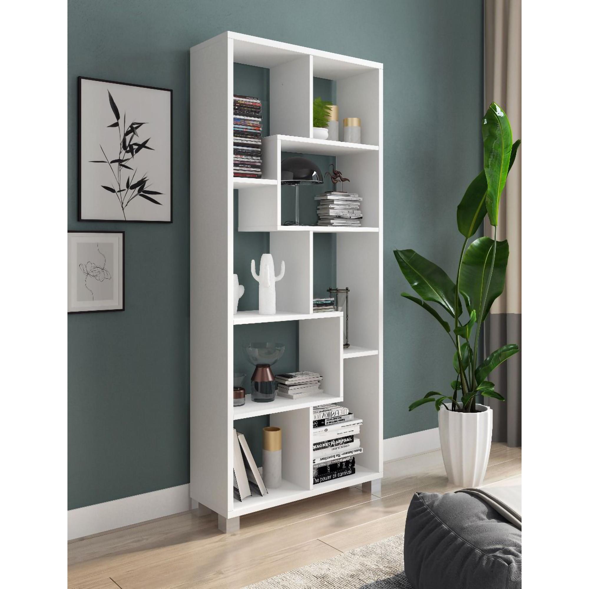 Libreria zig zag a 8 ripiani, Scaffale posizionabile verticalmente e orizzontalmente, Libreria portaoggetti da ufficio, cm 69x30h160, colore Bianco