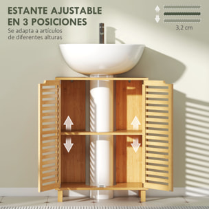 Mueble Bajo Lavabo, Mueble de Baño de Bambú con 2 Puertas de Lamas, Estante Ajustable, para Lavabos con o sin Pedestal, 60x30x80 cm, Natural