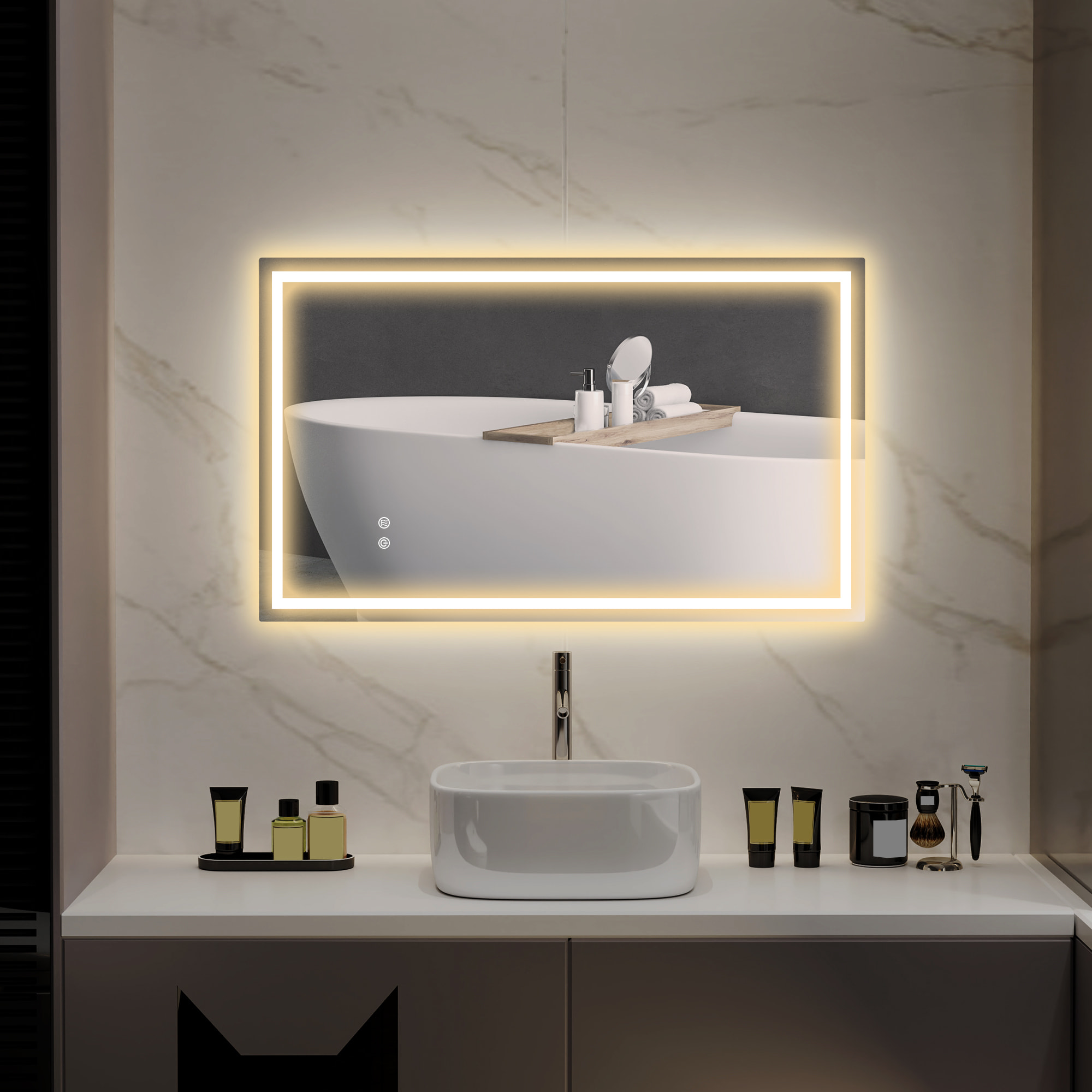 Miroir LED mural de salle de bain - 100L x 60H cm - luminosité réglable 3 couleurs - interrupteur tactile - système antibué