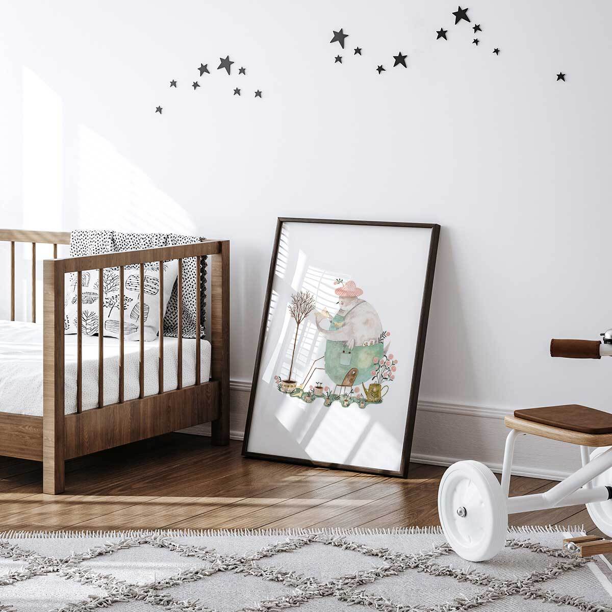 Affiche enfant un oiseau au jardin  Affiche + cadre en bois - Noir