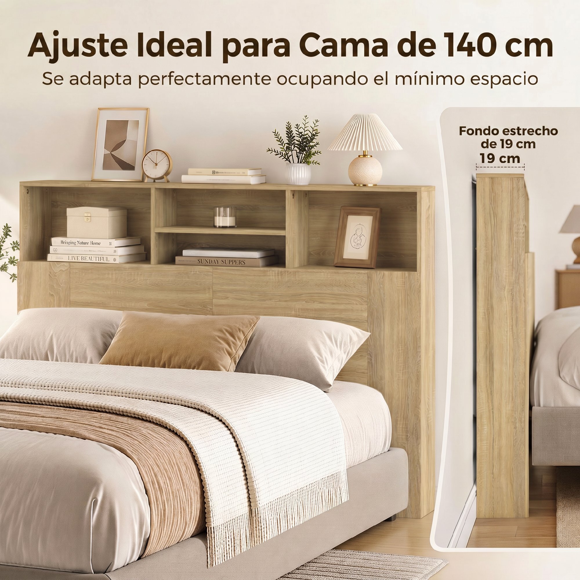 HOMCOM Cabecero de Cama 140 cm con Almacenaje, Cabezal de Cama con 4 Compartimentos Abiertos, Cabecero Moderno para Dormitorio, Roble
