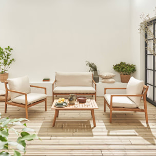 Salon de jardin en bois d'acacia 4 places beige. NALDA. coussins gansés et déhoussables