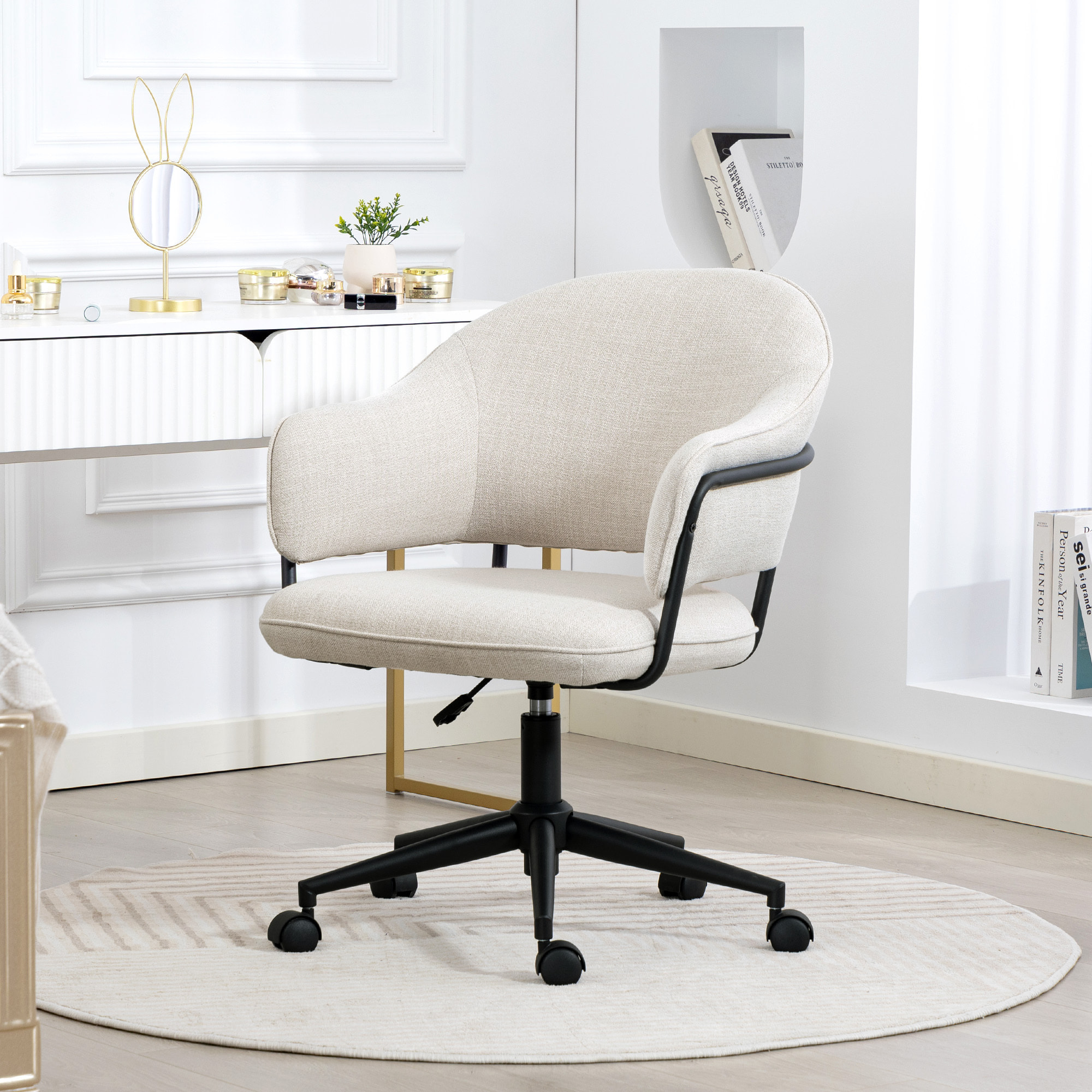 Chaise de bureau design ergonomique réglable dossier enveloppant ajouré métal noir tissu beige