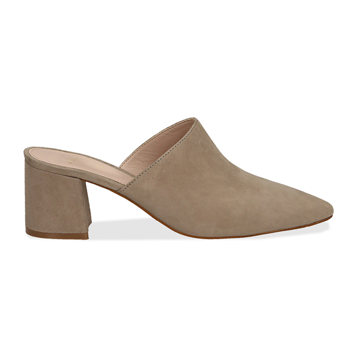 Mules taupe in camoscio, tacco 6 cm