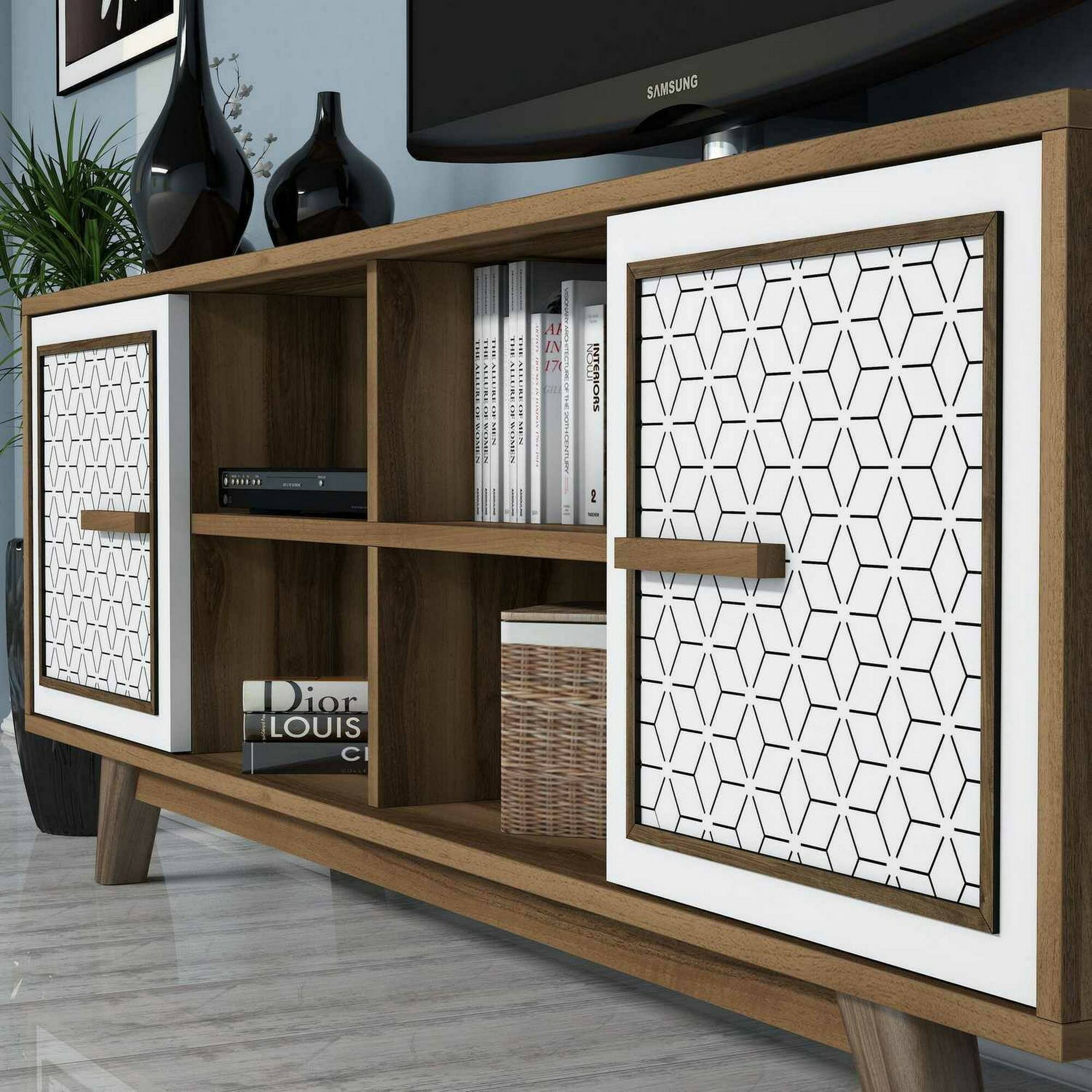 Mobile porta TV Djajal, Credenza da soggiorno, Armadio basso per TV, Base parete attrezzata, 160x35h56 cm, Noce e Bianco