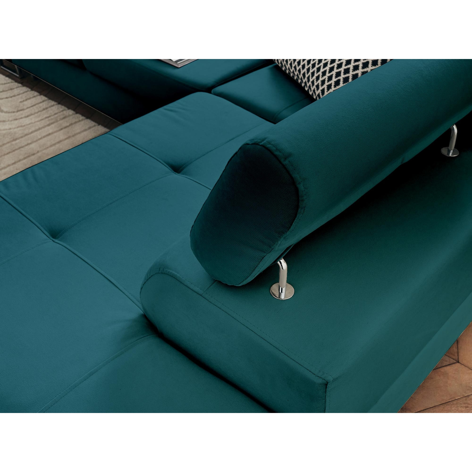 Pablo - canapé d'angle droit - 5 places - convertible avec coffre et têtières réglables - en velours - Bleu canard