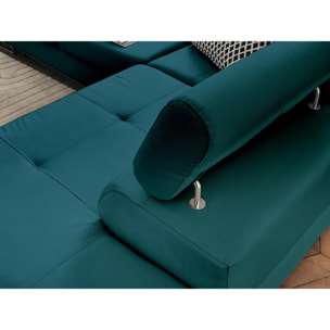Pablo - canapé d'angle droit - 5 places - convertible avec coffre et têtières réglables - en velours - Bleu canard