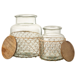 J-Line Pot Couvercle Tricot Verre/Bois/Jute Transparent Large