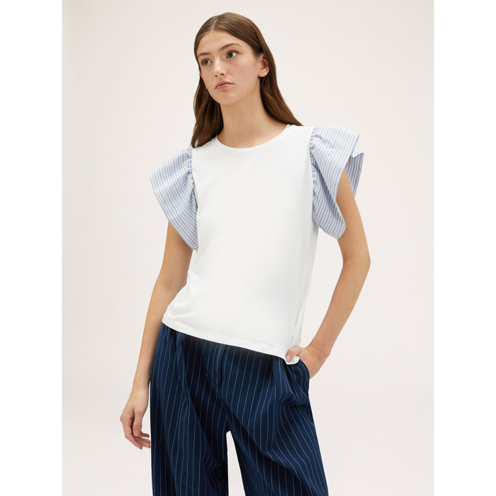 Motivi - Camiseta con mangas con volante de rayas - Blanco