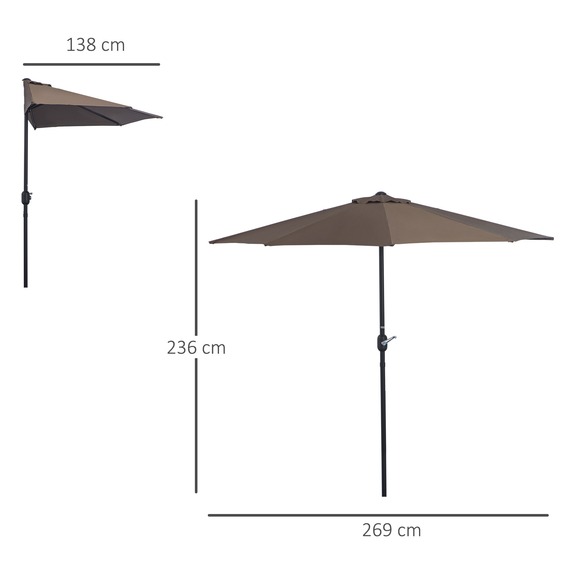 Sombrilla Parasol Jardín con Manivela Semicircular Exterior 269x138x236 cm Café