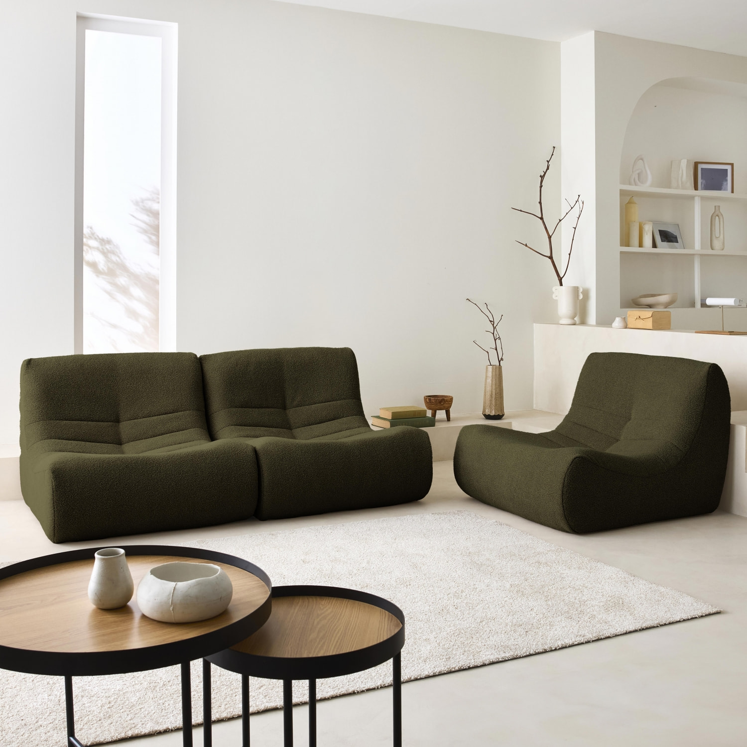Lot de 3 fauteuils chauffeuses en bouclette texturée kaki foncé style contemporain 1 place