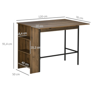Table de bar extensible design industriel - 3 étagères intégrées - châssis métal noir aspect bois de noyer
