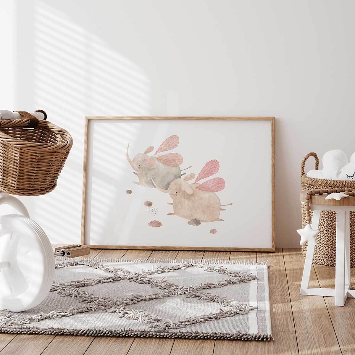 Affiche enfant elephants libellule  Affiche + cadre en bois - Chêne