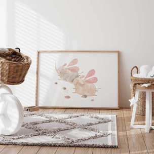 Affiche enfant elephants libellule  Affiche + cadre en bois - Chêne