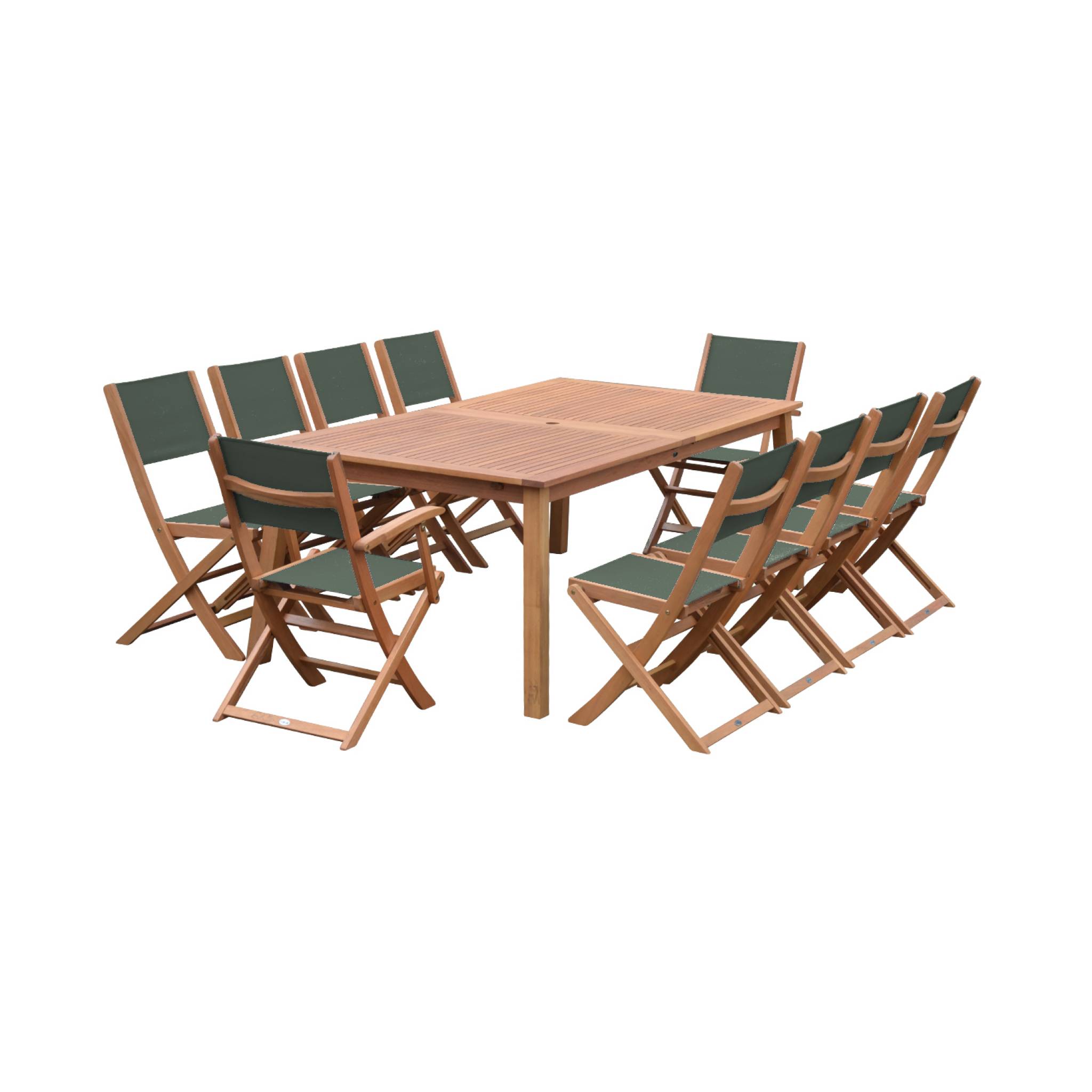 Salon de jardin en bois extensible - Almeria - Grande table 200/250/300cm avec 2 rallonges. 2 fauteuils et 8 chaises. en bois d'Eucalyptus huilé et textilène savane