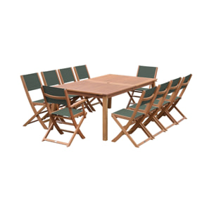 Salon de jardin en bois extensible - Almeria - Grande table 200/250/300cm avec 2 rallonges. 2 fauteuils et 8 chaises. en bois d'Eucalyptus huilé et textilène savane